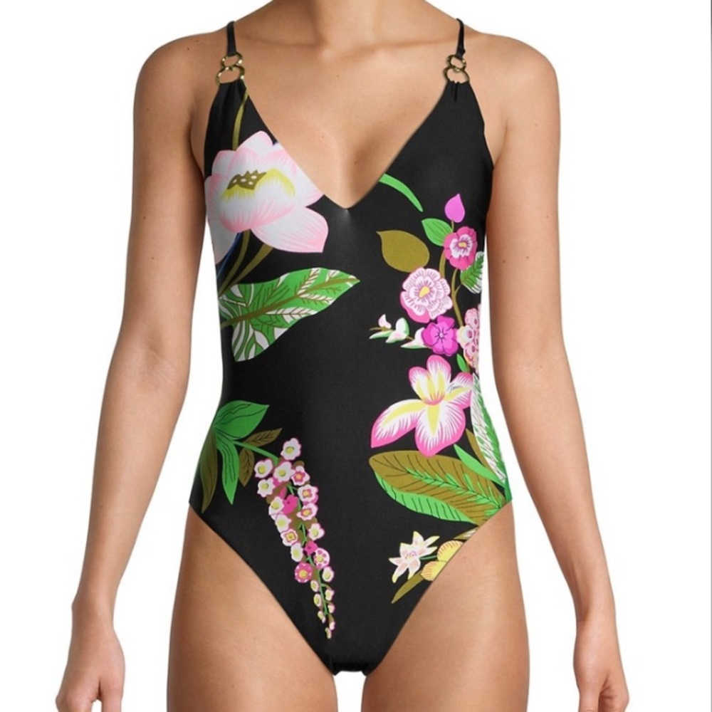 Trina Turk Moonlit Black Floral Print One Piece Maillot Swimsuit size 12 NWT